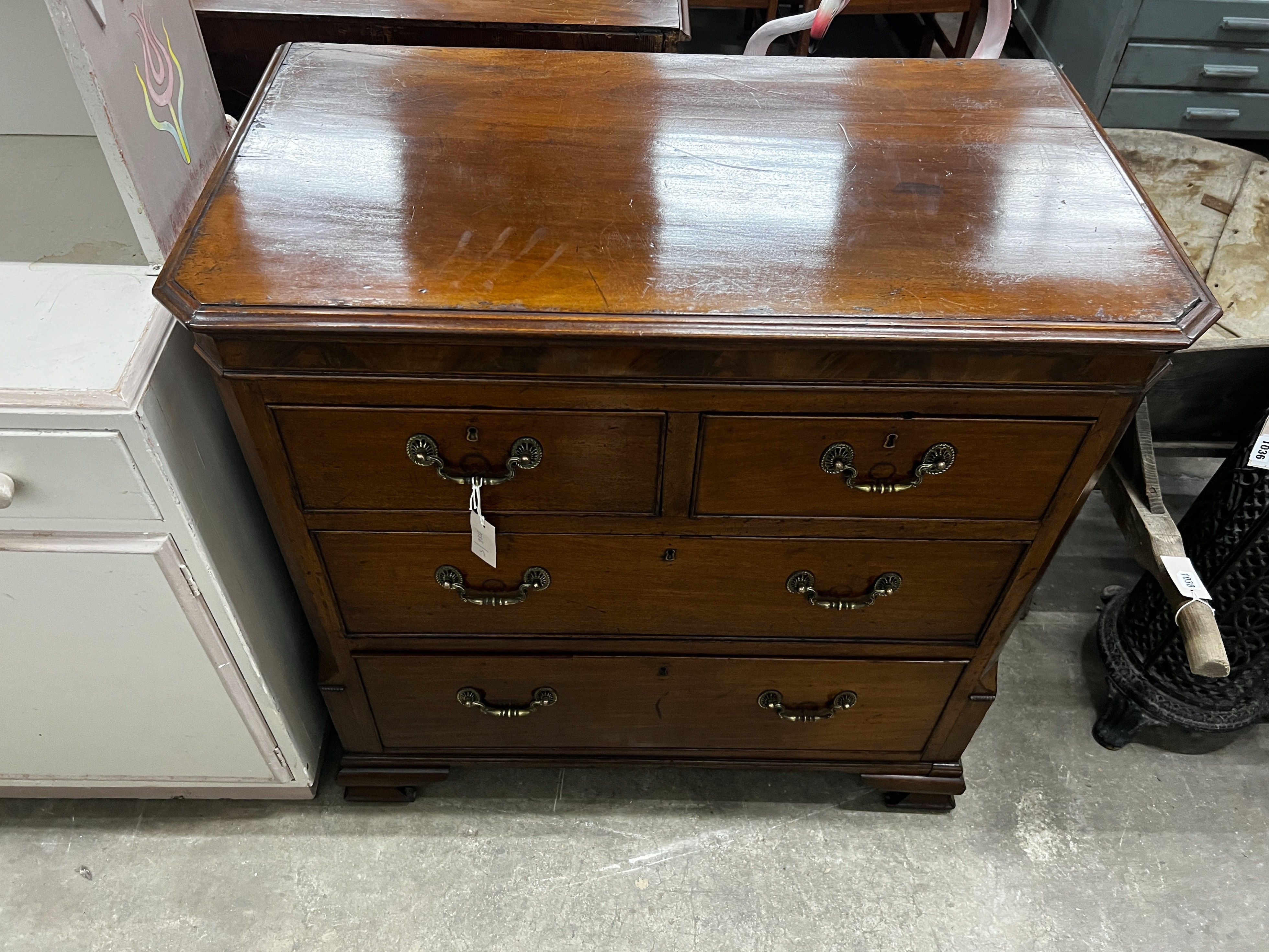 A George III mahogany four drawer chest on ogee bracket feet, width 93cm, depth 51cm, height 93cm